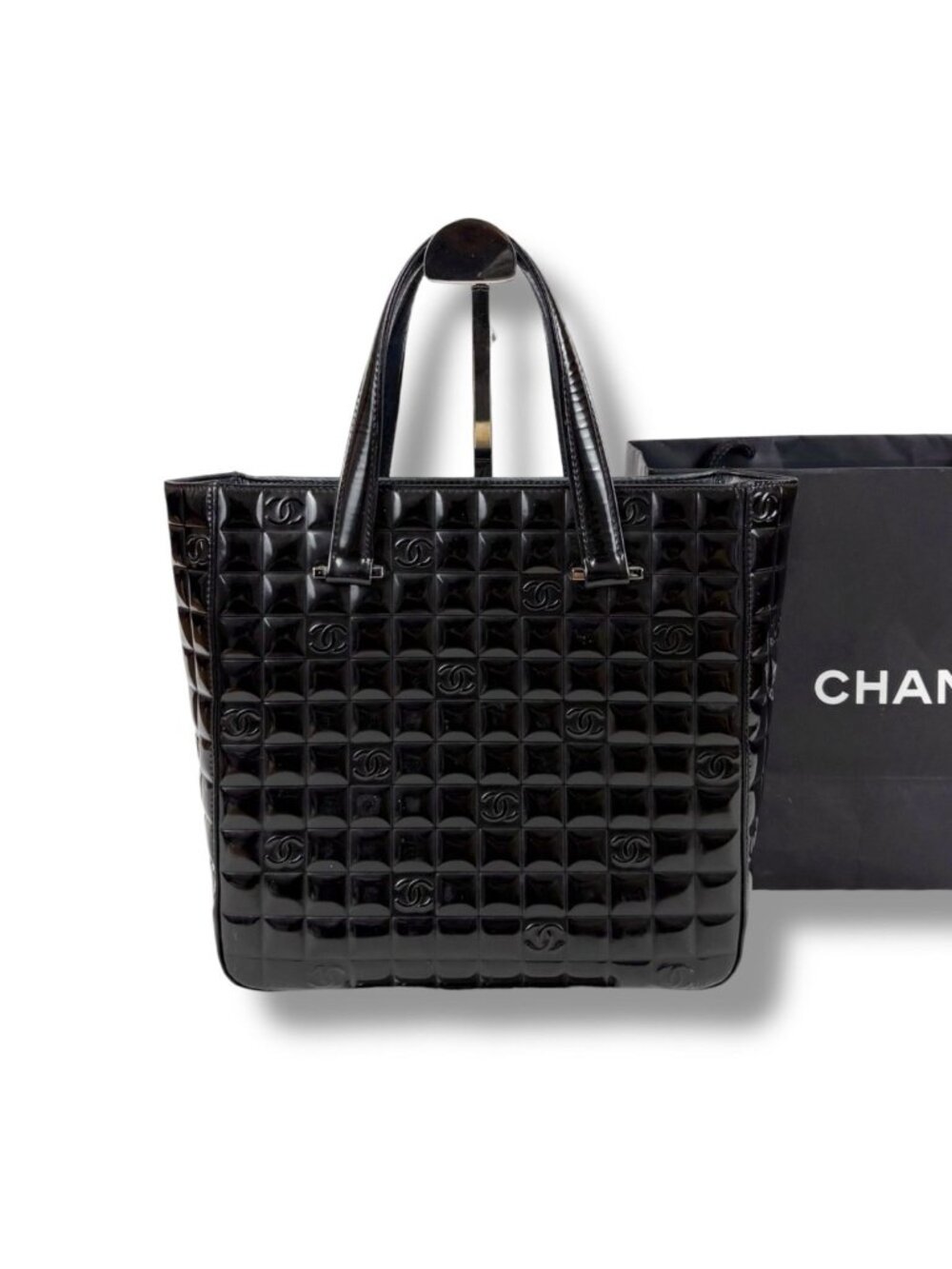 Chanel Choco Bar Mini Tote Black Patent Leather Enamel